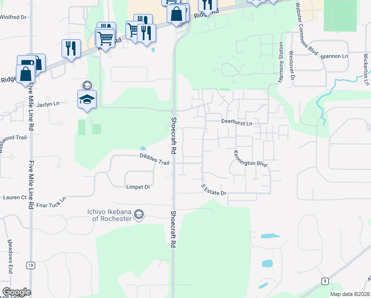 map of restaurants, bars, coffee shops, grocery stores, and more near 22 Clearfield Drive in Webster