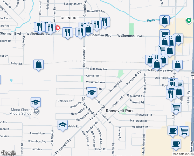 map of restaurants, bars, coffee shops, grocery stores, and more near 1294 West Summit Avenue in Muskegon