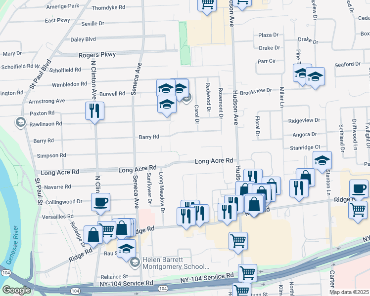 map of restaurants, bars, coffee shops, grocery stores, and more near 2 Casimir Circle in Rochester