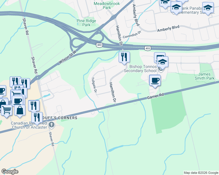 map of restaurants, bars, coffee shops, grocery stores, and more near 520 Hamilton Drive in Hamilton