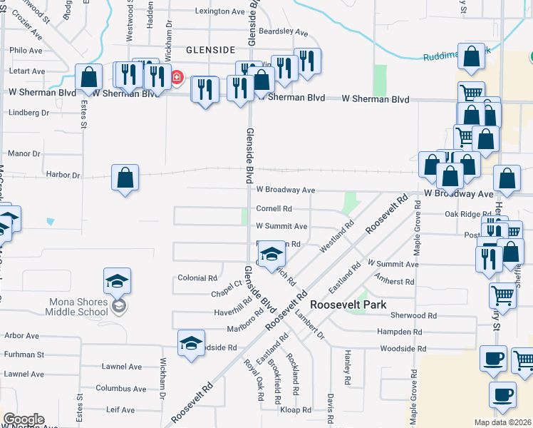 map of restaurants, bars, coffee shops, grocery stores, and more near 1350 West Summit Avenue in Muskegon