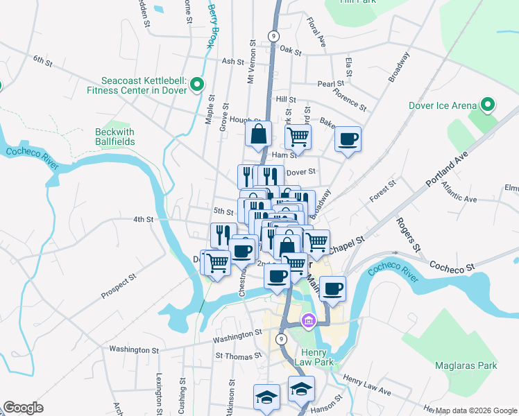 map of restaurants, bars, coffee shops, grocery stores, and more near 9 5th Street in Dover