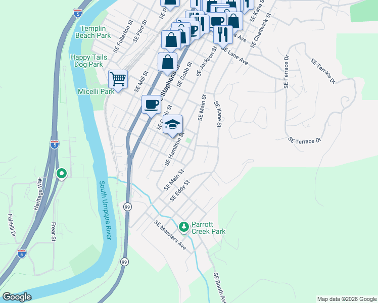 map of restaurants, bars, coffee shops, grocery stores, and more near 1554 Southeast Main Street in Roseburg