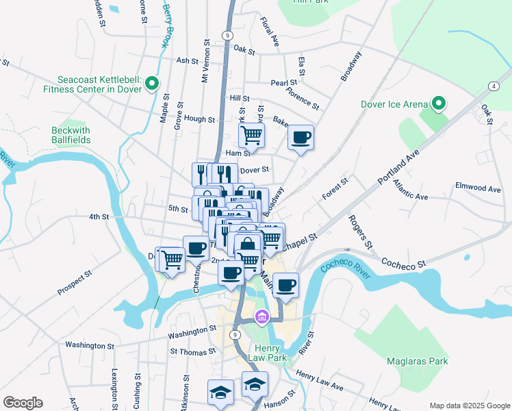 map of restaurants, bars, coffee shops, grocery stores, and more near 19 Pierce Street in Dover
