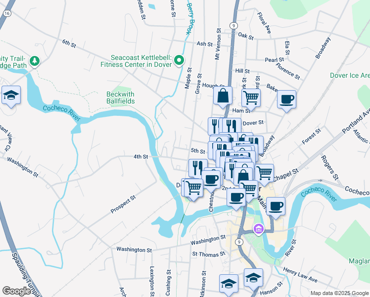 map of restaurants, bars, coffee shops, grocery stores, and more near 53B 4th Street in Dover