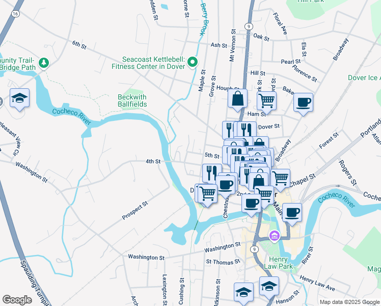 map of restaurants, bars, coffee shops, grocery stores, and more near 53B 4th Street in Dover
