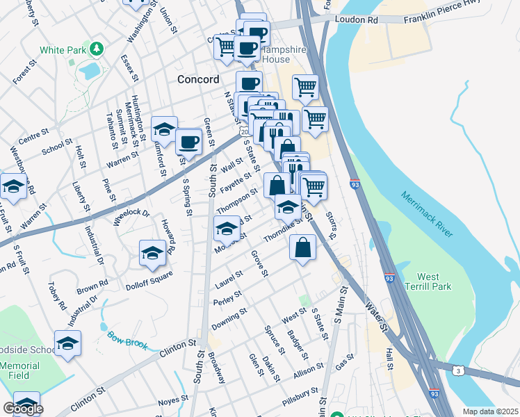 map of restaurants, bars, coffee shops, grocery stores, and more near 33 Concord Street in Concord