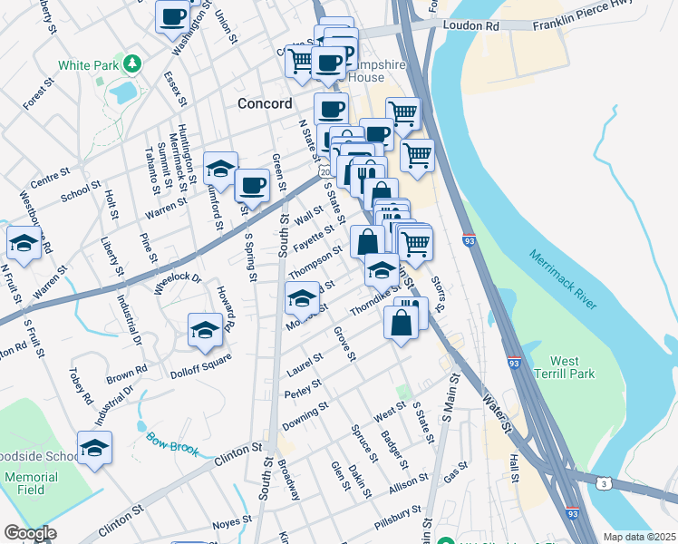 map of restaurants, bars, coffee shops, grocery stores, and more near 33 Concord Street in Concord