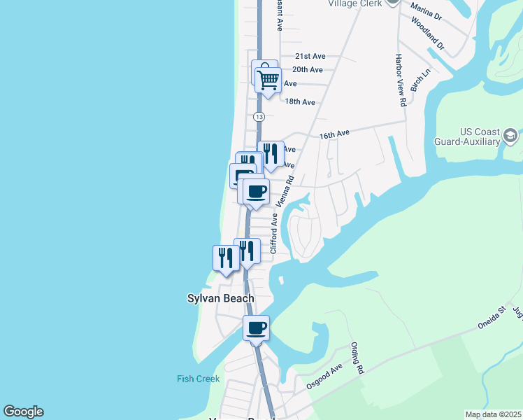 map of restaurants, bars, coffee shops, grocery stores, and more near 231 11th Avenue in Sylvan Beach