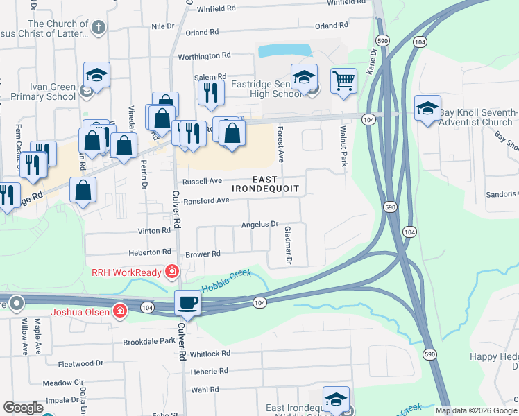 map of restaurants, bars, coffee shops, grocery stores, and more near 219 Angelus Drive in Irondequoit