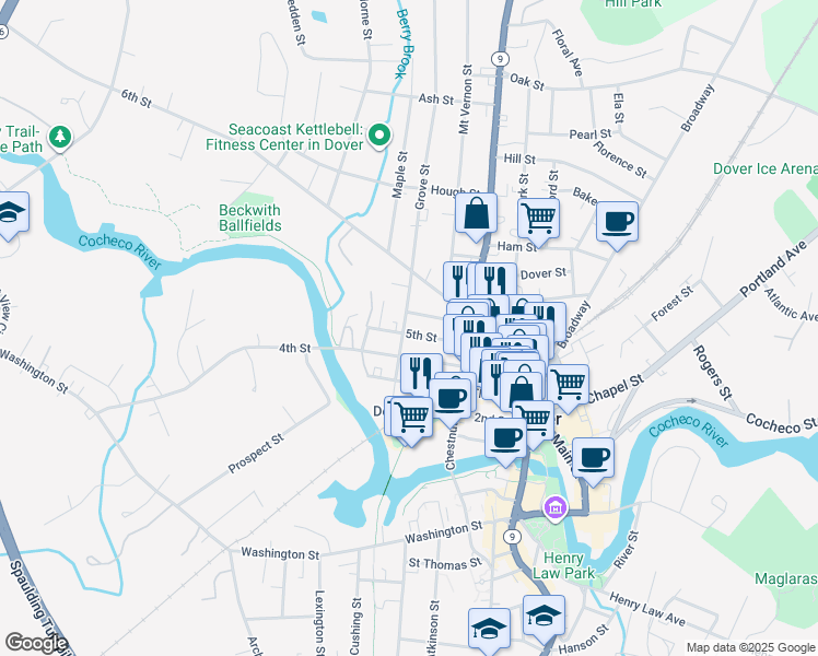 map of restaurants, bars, coffee shops, grocery stores, and more near 37 5th Street in Dover