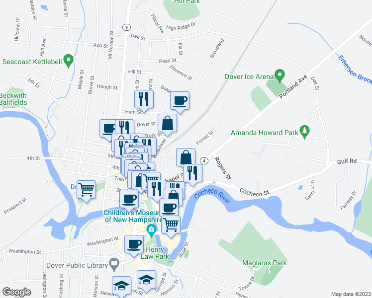 map of restaurants, bars, coffee shops, grocery stores, and more near 10 Forest Street in Dover