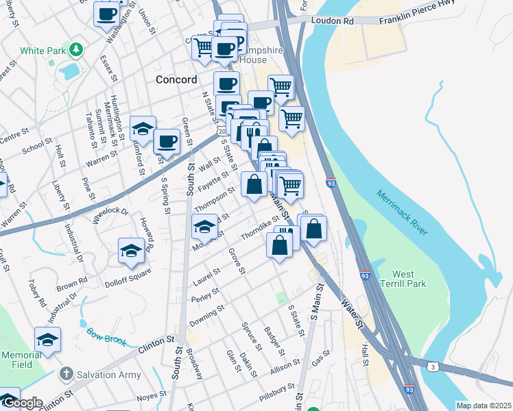 map of restaurants, bars, coffee shops, grocery stores, and more near 55-55.5 South State Street in Concord