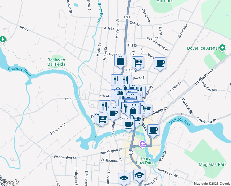 map of restaurants, bars, coffee shops, grocery stores, and more near 9 5th Street in Dover