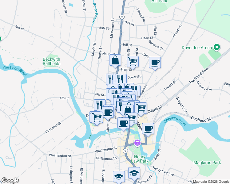 map of restaurants, bars, coffee shops, grocery stores, and more near 9 5th Street in Dover
