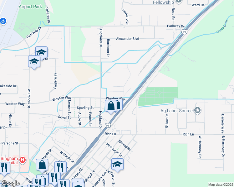 map of restaurants, bars, coffee shops, grocery stores, and more near Wooten Way in Blackfoot