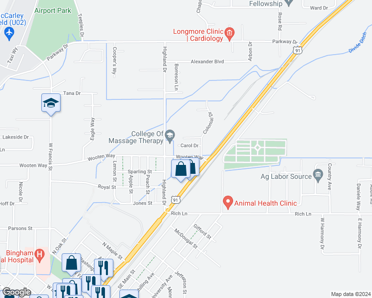 map of restaurants, bars, coffee shops, grocery stores, and more near Wooten Way in Blackfoot