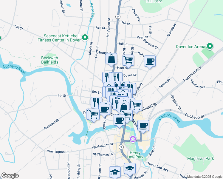 map of restaurants, bars, coffee shops, grocery stores, and more near 9 5th Street in Dover