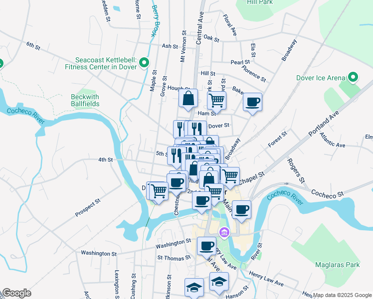 map of restaurants, bars, coffee shops, grocery stores, and more near 9 5th Street in Dover