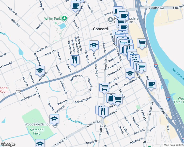 map of restaurants, bars, coffee shops, grocery stores, and more near 16 South Spring Street in Concord