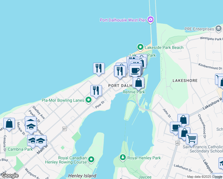 map of restaurants, bars, coffee shops, grocery stores, and more near in St. Catharines