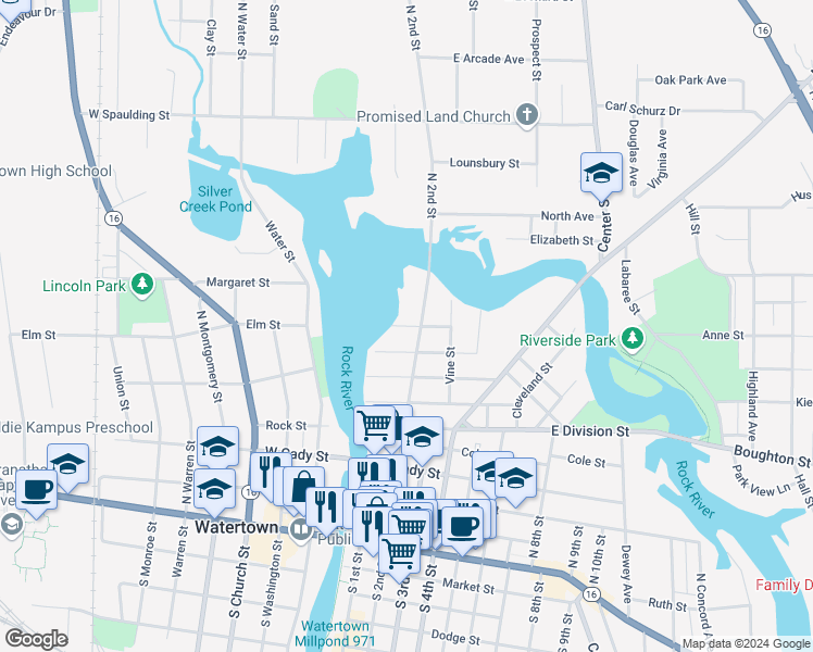 map of restaurants, bars, coffee shops, grocery stores, and more near 902 North 2nd Street in Watertown