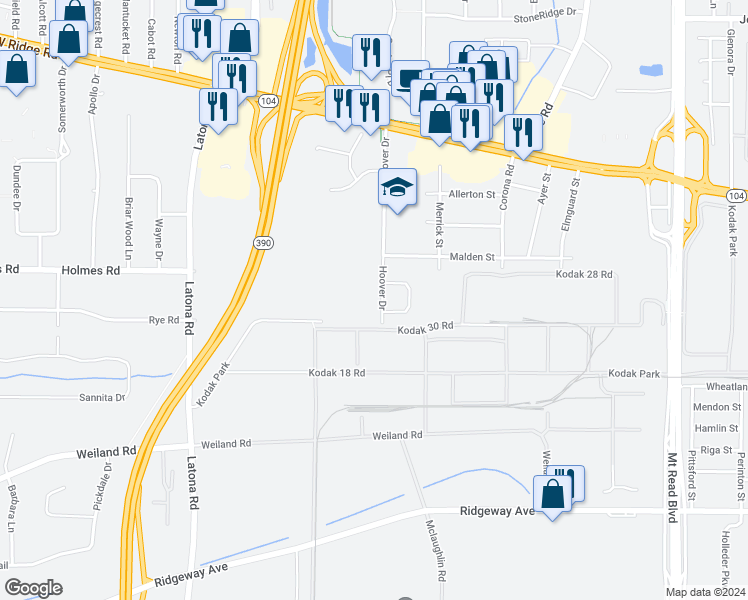 map of restaurants, bars, coffee shops, grocery stores, and more near 266 Hoover Drive in Rochester