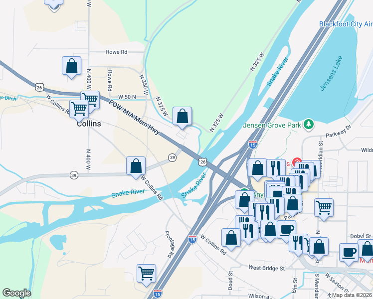 map of restaurants, bars, coffee shops, grocery stores, and more near 301-327 State Highway 39 in Blackfoot