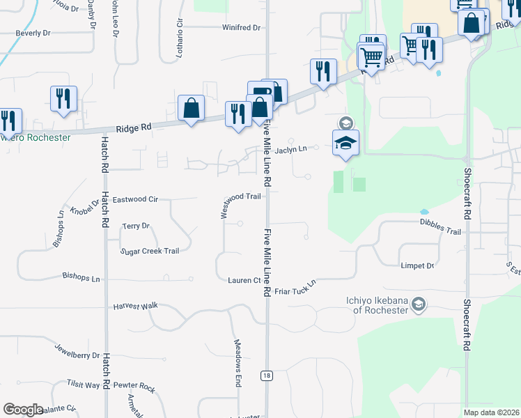 map of restaurants, bars, coffee shops, grocery stores, and more near 1107 Five Mile Line Road in Webster