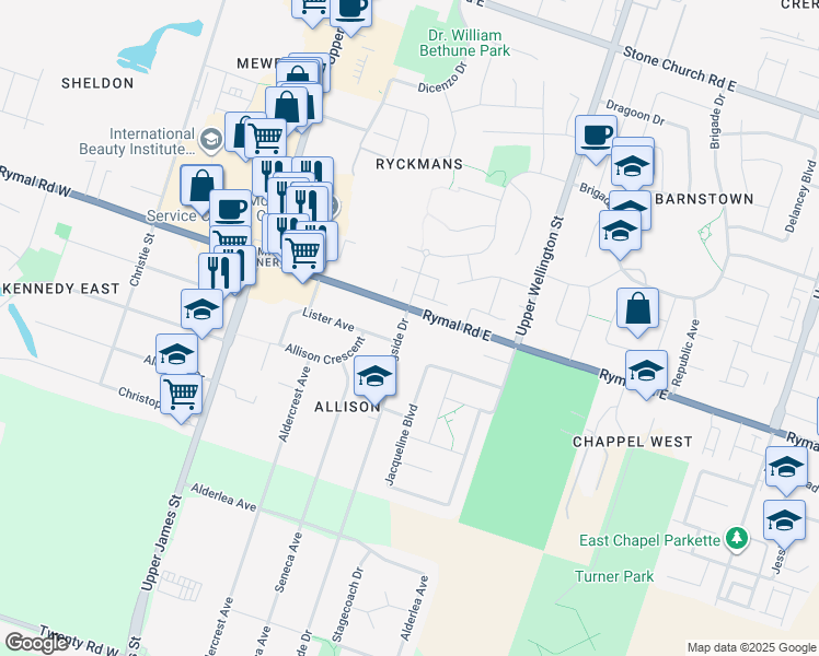 map of restaurants, bars, coffee shops, grocery stores, and more near 11 Springside Drive in Hamilton