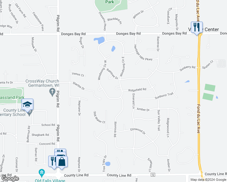 map of restaurants, bars, coffee shops, grocery stores, and more near N100W14963 Windsong Court in Germantown