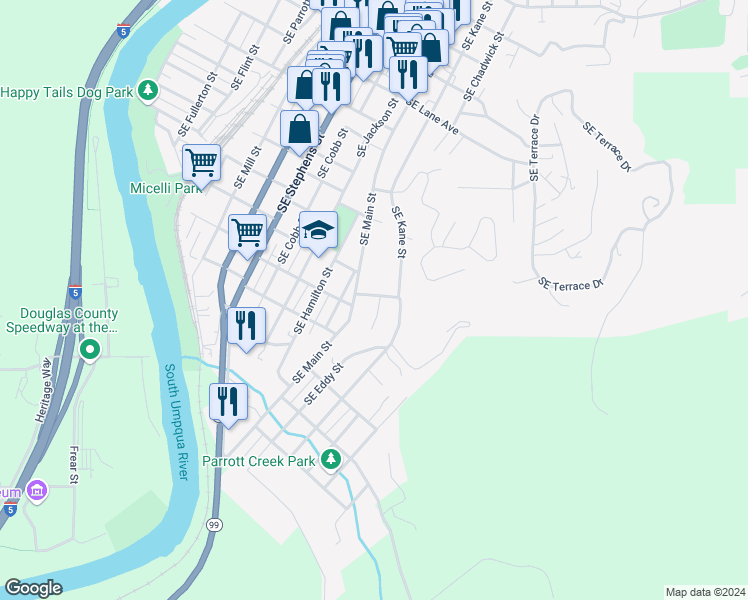 map of restaurants, bars, coffee shops, grocery stores, and more near 1245 Southeast Germond Avenue in Roseburg