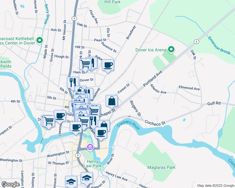 map of restaurants, bars, coffee shops, grocery stores, and more near 2 Essex Street in Dover