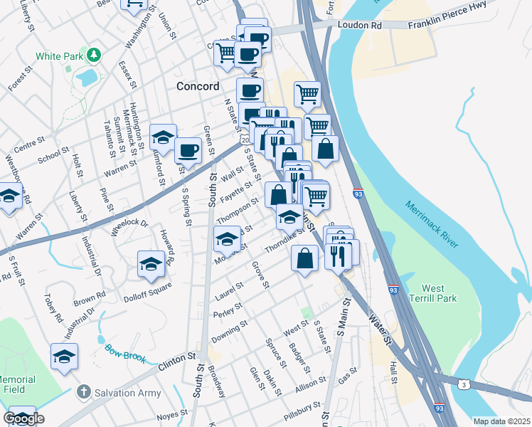 map of restaurants, bars, coffee shops, grocery stores, and more near 55-55.5 South State Street in Concord