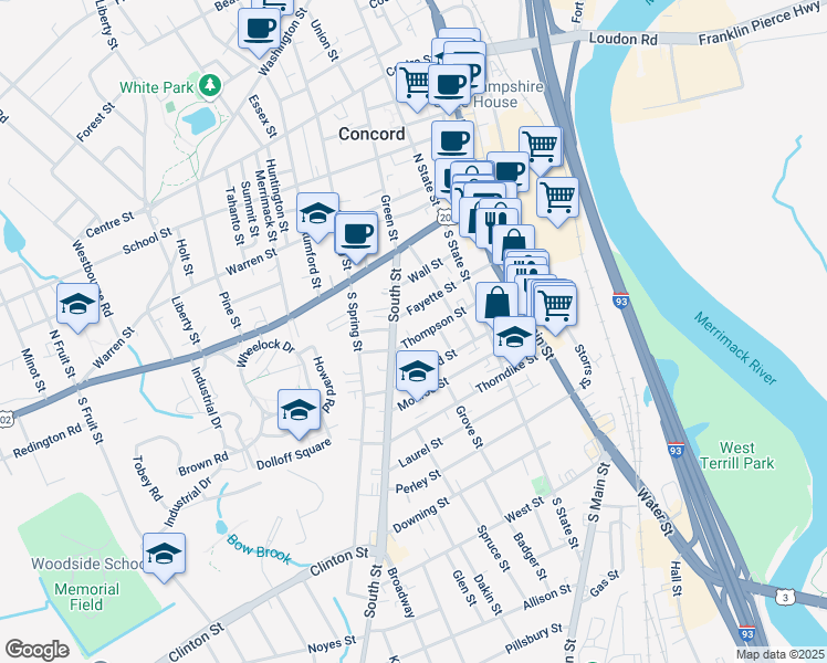 map of restaurants, bars, coffee shops, grocery stores, and more near 40-42 Concord Street in Concord