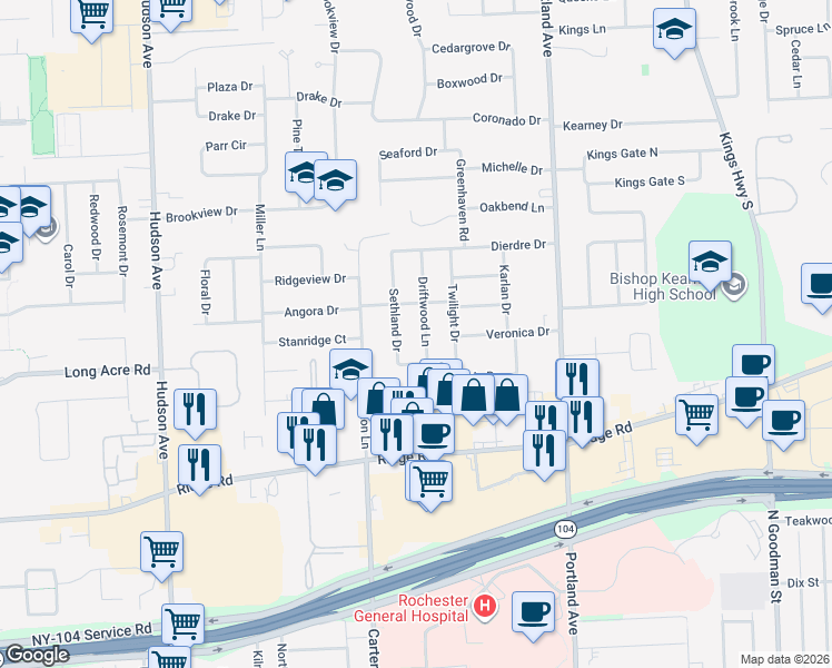 map of restaurants, bars, coffee shops, grocery stores, and more near 8 Sethland Drive in Irondequoit