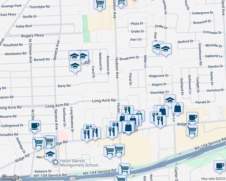 map of restaurants, bars, coffee shops, grocery stores, and more near 600 Long Acre Road in Rochester