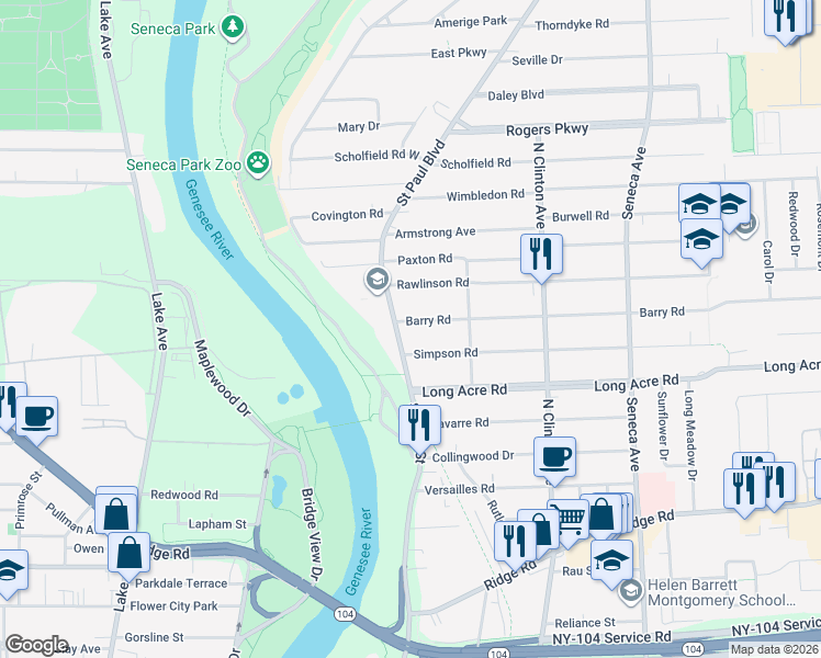 map of restaurants, bars, coffee shops, grocery stores, and more near 26 Simpson Road in Rochester