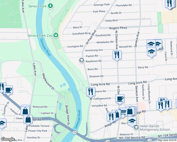 map of restaurants, bars, coffee shops, grocery stores, and more near 26 Simpson Road in Rochester