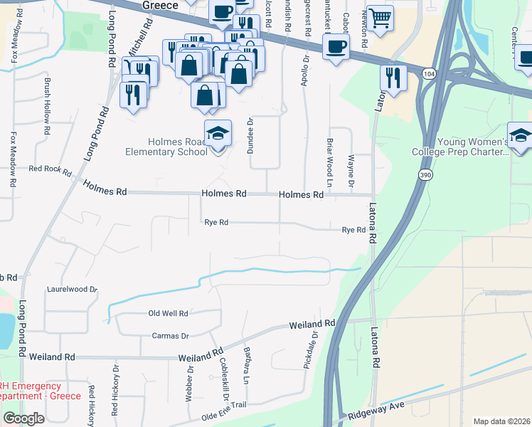 map of restaurants, bars, coffee shops, grocery stores, and more near 195 Rye Road in Rochester