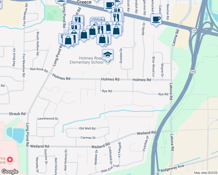 map of restaurants, bars, coffee shops, grocery stores, and more near 301 Rye Road in Rochester