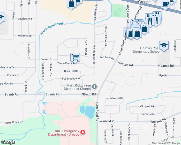 map of restaurants, bars, coffee shops, grocery stores, and more near 478 Fox Meadow Road in Rochester