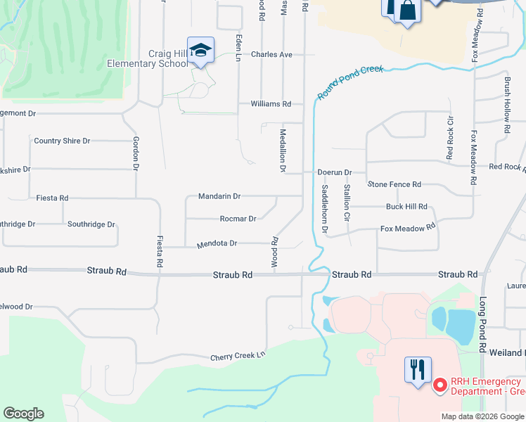 map of restaurants, bars, coffee shops, grocery stores, and more near 109 Rocmar Drive in Rochester