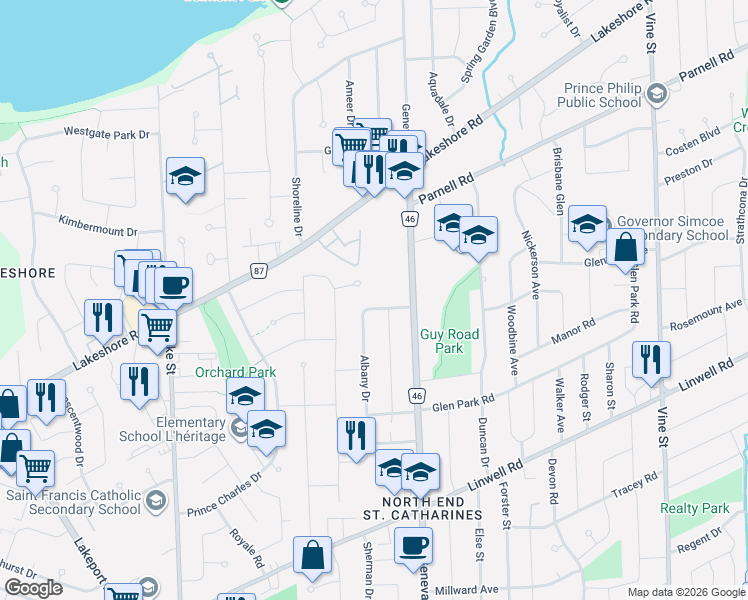 map of restaurants, bars, coffee shops, grocery stores, and more near in St. Catharines