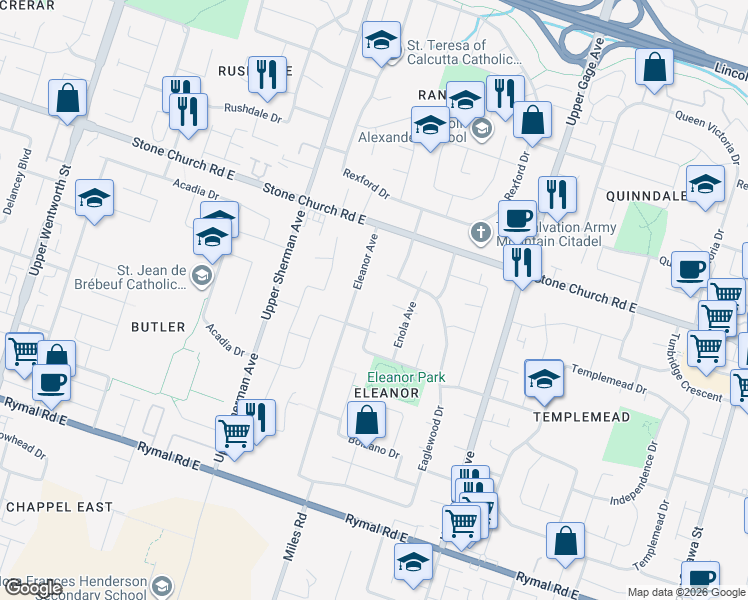 map of restaurants, bars, coffee shops, grocery stores, and more near 9 Mentino Crescent in Hamilton