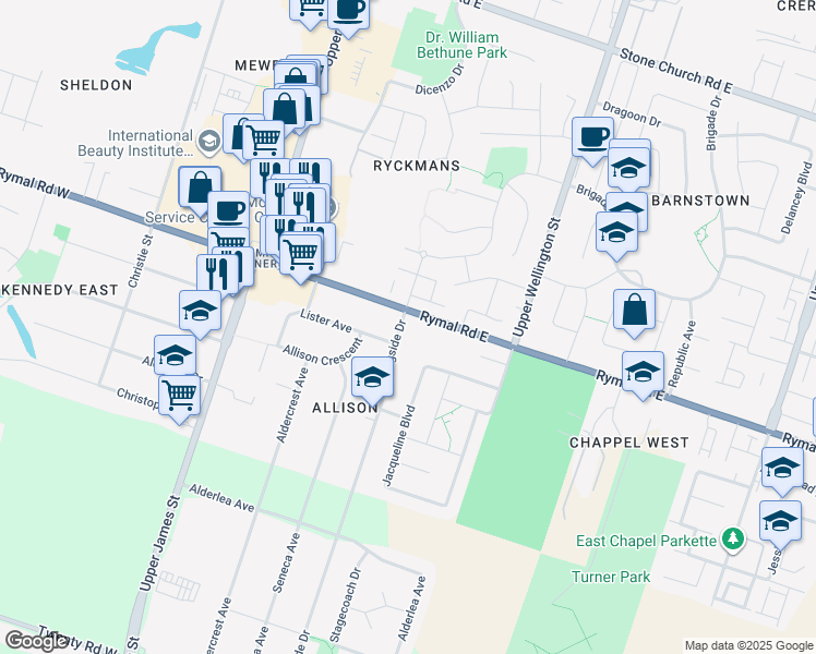 map of restaurants, bars, coffee shops, grocery stores, and more near 93 Jacqueline Boulevard in Hamilton
