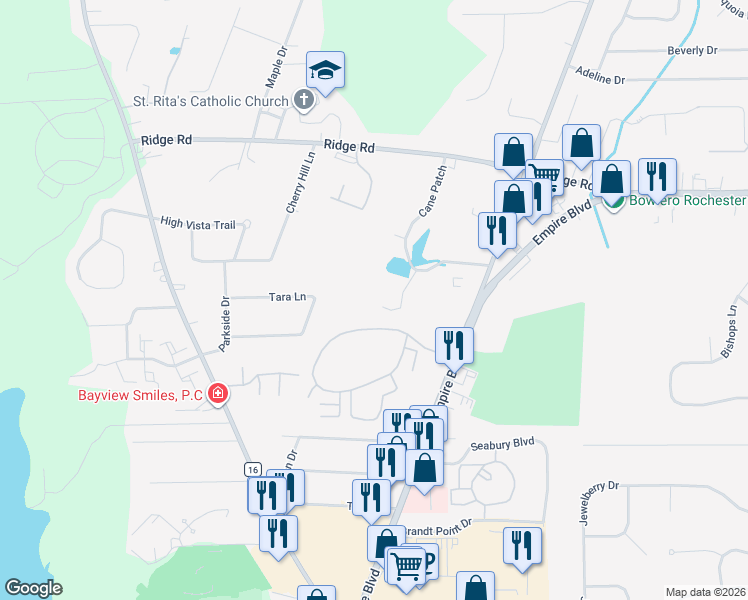 map of restaurants, bars, coffee shops, grocery stores, and more near 659 Strand Pond Circle in Webster
