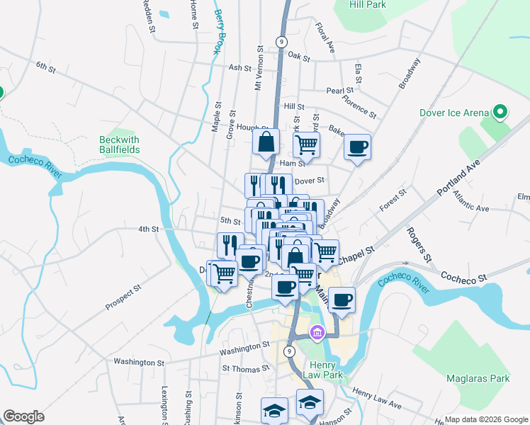 map of restaurants, bars, coffee shops, grocery stores, and more near 9 5th Street in Dover