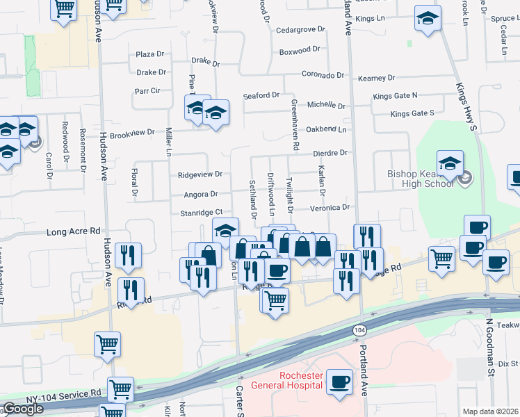 map of restaurants, bars, coffee shops, grocery stores, and more near 8 Sethland Drive in Irondequoit