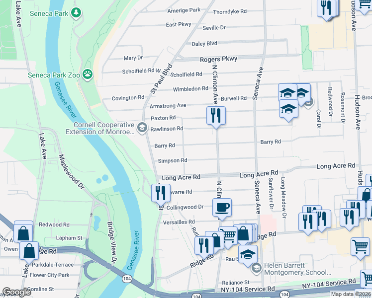 map of restaurants, bars, coffee shops, grocery stores, and more near 74 Simpson Road in Rochester